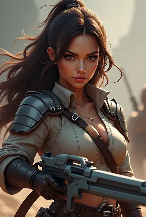 I want a woman of height 1,62 brown eyes black eyebrows brown hair I want her to be dressed for war and have a more gamer weapon