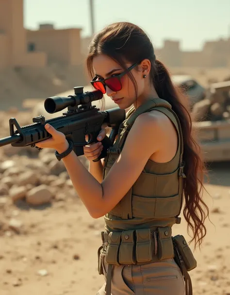    Pretty girl snipers wearing bulletproof vests, wearing inner tank tops,   sand-colored kago pants   ,    Red Glasses, Aim ,   Desert area with building ruins   , Car wreckage ถังที่ถูกไฟเผาทำลาย, Car wreckage   ,  long hair gathered   ,   brown hair , S...