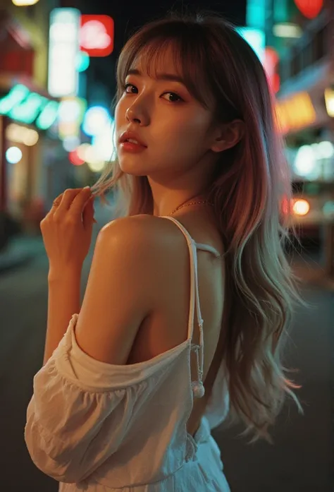 low angle back view, portrays a woman with long, honey skin, sleek gold pink, blue and green hair spreads, styled in soft, natural waves that frame her face. She exudes a sultry yet elegant allure, wear loose white tank top, bare back, tilt her face, windy...