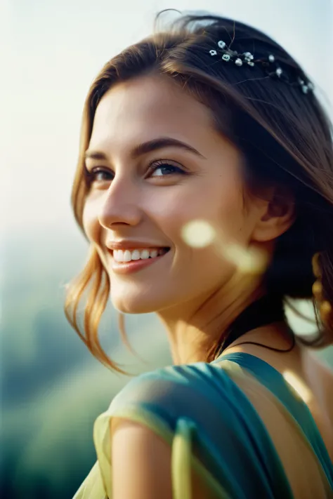  close-up portrait , Surreal,  amazing quality ,  Masterpiece,  Open Back Dress, superb, , inspiring ,   Funny woman smiling gently with hair above her eyes,   Hair completely covered her face . , film composition, , Light shadow , 
 atmospheric fog , Film...