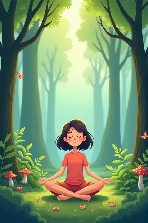 One girl sit in forest
In meditation pose
Cartoon 