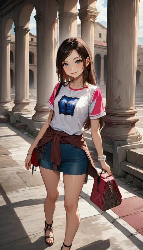 pretty young woman, tourist, smiling, in colosseum, (+forehead, dark-brown hair), wearing multicolored short sleeves t-shirt (+black color, white color, pink color),  cloth tied around waist,  denim pencil mini skirt, crossbody bag, BREAK, (1girl, solo, fu...