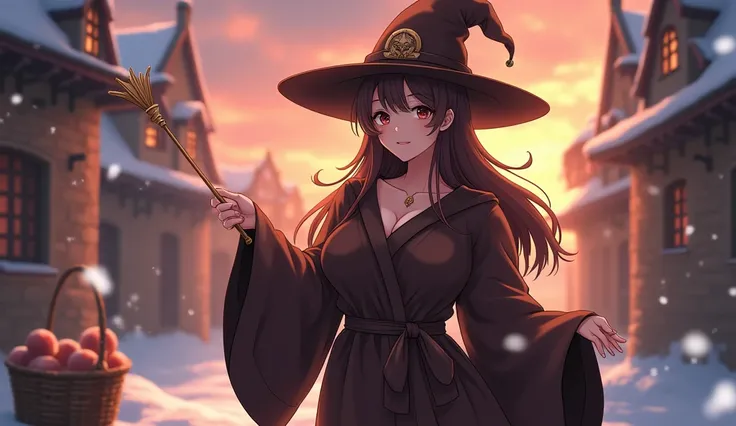 8k、 high school girl、 mature、Big Breasts、smile、 dark brown robe、Three-cornered hat、Brown Hair、 magic wand、 medieval Europe with wooden basket、 Another World、adventure、winter、evening、Sunset、 romantic、Anime 2D Style、Lo-Fi、LoFi、アニメ調Illustration、Illustration