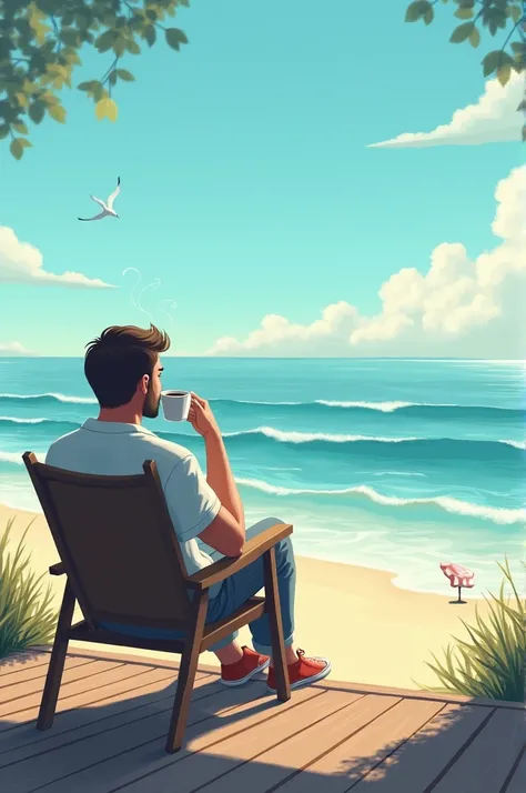 Man is sitting by the beach and drinking coffee