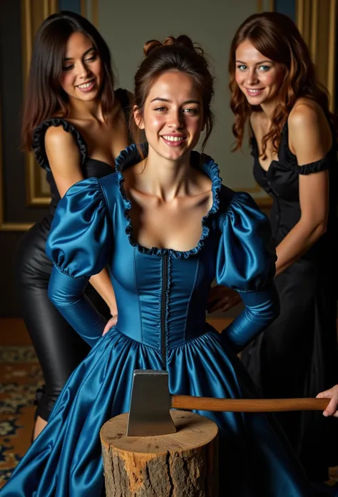 (realistic photograph close up sideways NSFW), (a pleased beautiful European orgasm++ lady with (messy hair bun), she is wearing (an elaborate big shiny blue silk gown with (long gigantic puff sleeves), (and an ultra high narrow stand-up collar with a giga...