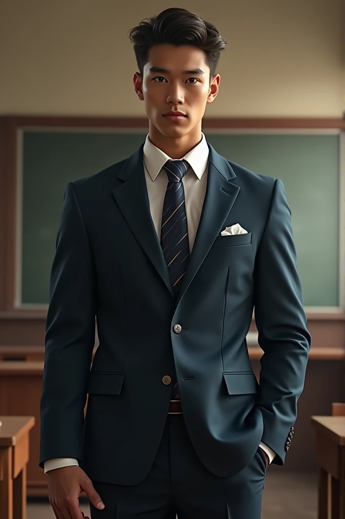 Handsome  very muscular and strong teenager marked with tight uniform in class 