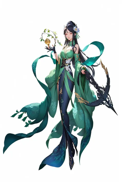 一名Wearing a green dress的女子手持宝剑，Wearing a green dress,  Onmyoji detailed art,  A beautiful artwork illustration ,  G Lilien Art Style, Inspired by Lan Ying, author：The J,  krenz cushart and wenjun lin , Full body fairy, Anime fantasy illustration,  Onmyoji,...