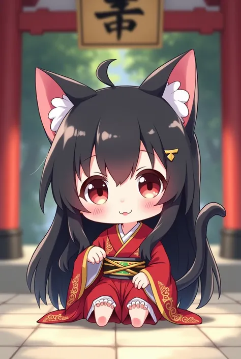 black long-haired cat ears,Shrine maiden,smile,Chibi character,anime,