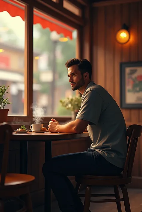 Man was sitting cafe facing forward