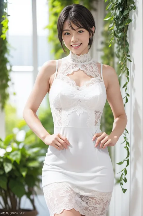 (8k, RAW photo, photorealistic, HQ, masterpiece), (whole body, full body), a cute Japanese girl,(glowing eyes), 
(shy smile), brown hair, fluffy Pixie Bob hair, pale skin, large breasts, curvy, Thin waist, thick thighs, (A pure white lace dress:1.4), (fit ...