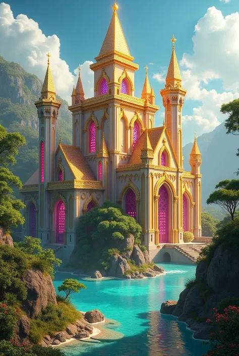 Imagine a paradise, where a magnificent castle stands at the center, surrounded by lush gardens, crystal-clear waters, and vibrant skies. This castle is a masterpiece, designed with intricate and precious materials that shimmer in the light.

The exterior ...