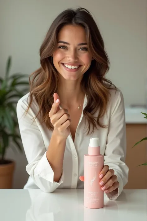 Beautiful girl smiling pointing while showing advertisement recommend product advertisement
