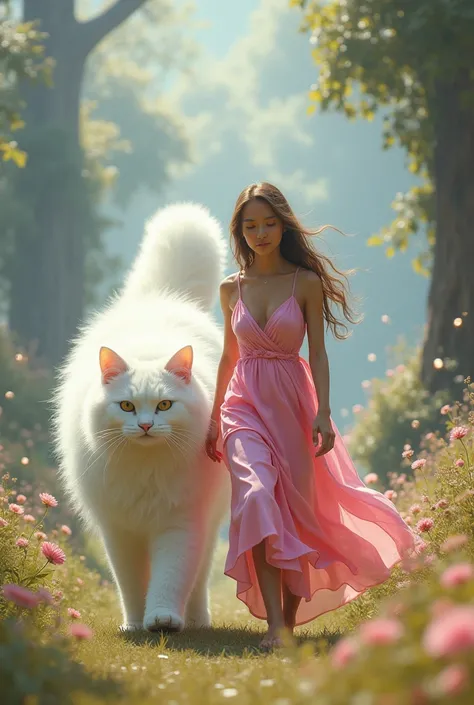 A woman wears a pink outfit and walks along with a very giant angora cat walking along