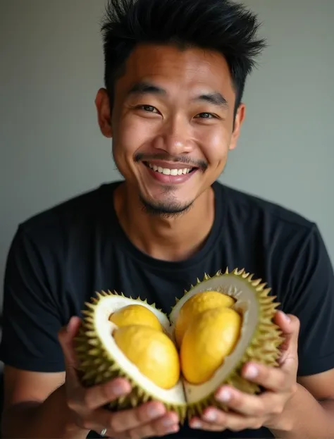 photography of a handsome 25-year-old Indonesian man splitting a durian