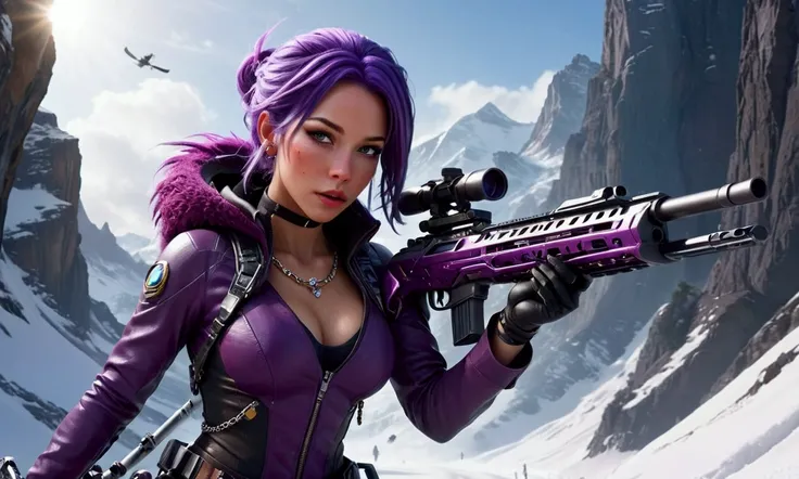 a cute woman, space pirate, sexy violet battle outfit, purple hair, decorative chains, skis, big gun, skiing down a dangerous trail, blasting mutant monsters with her weapon, high action, (best quality,4k,8k,highres,masterpiece:1.2),ultra-detailed,(realist...