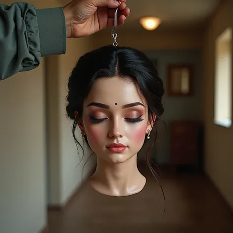 a Brides cleaned amputated head hanging by a hook held by a man in a empty Hall. Amputated head has dark low bun hair style, bindi on forehead precisely between eye brows, eyes closed, mouth sightly apart, wearing ear ring, nose ring, and wearing natural m...