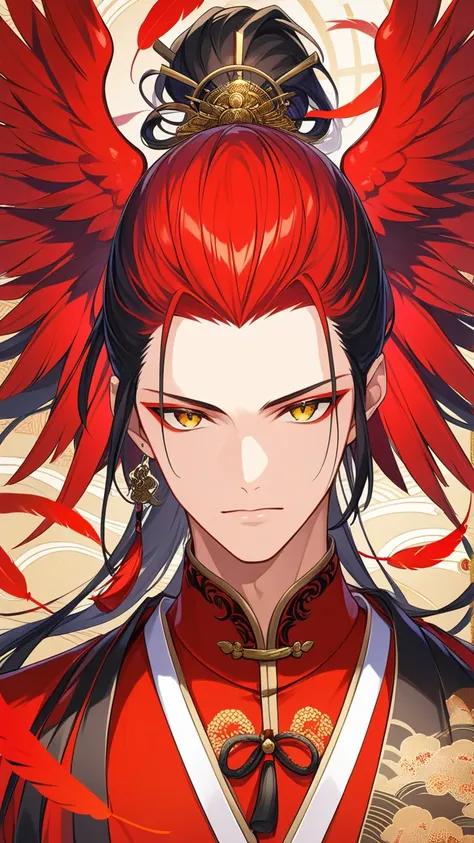 (outrageous, high resolution, ultra-precise), (male), single, handsome, detailed eyes and detailed faces, bright hair, (bulsajo), flying red feather background, yellow eyes, long hair, tied hair, red wings, red clothes, oriental background