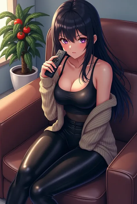 Anime Teenage Woman Has Long Black Hair, with big and expressive eyes in purple or similar She wears a beige knitted sweater that leaves one shoulder uncovered and has a black leather t-shirt with bare shoulders and shiny black leather pants and black leat...