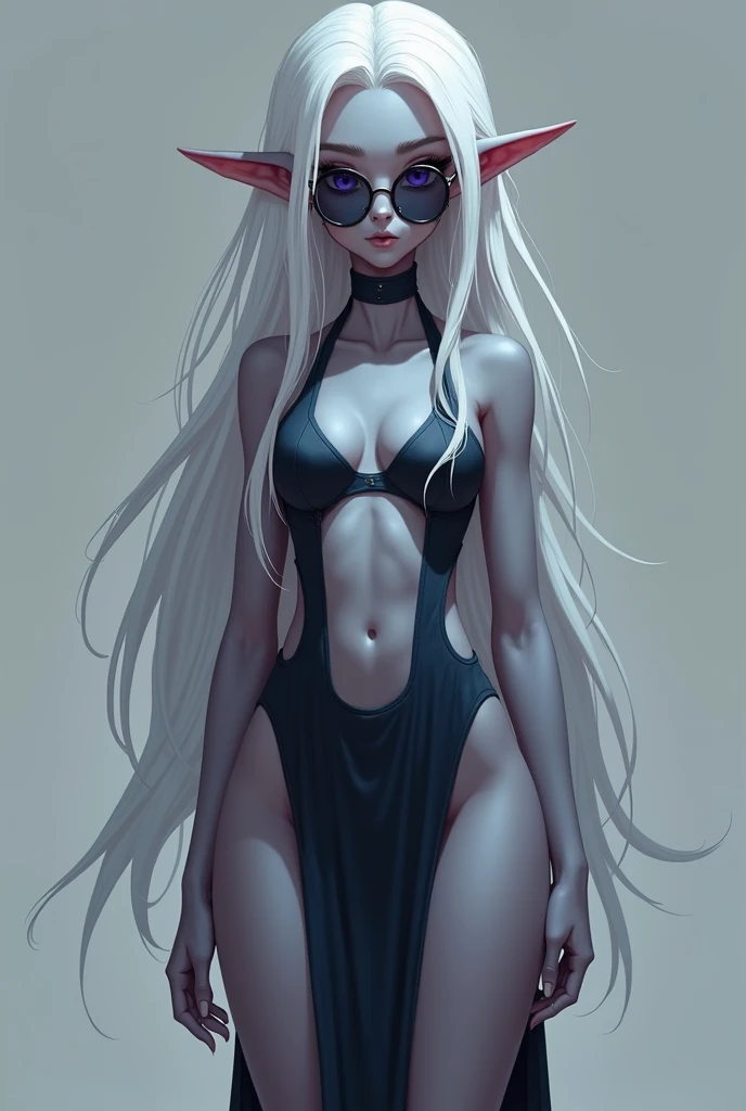 A full body image of a seemingly teenage Drow girl with grey-blue skin, purple eyes, long white hair, and a petite build, dressed in a form-fitting and revealing dress that has cutouts on either side and barely covers any of her stomach with dark tinted ci...