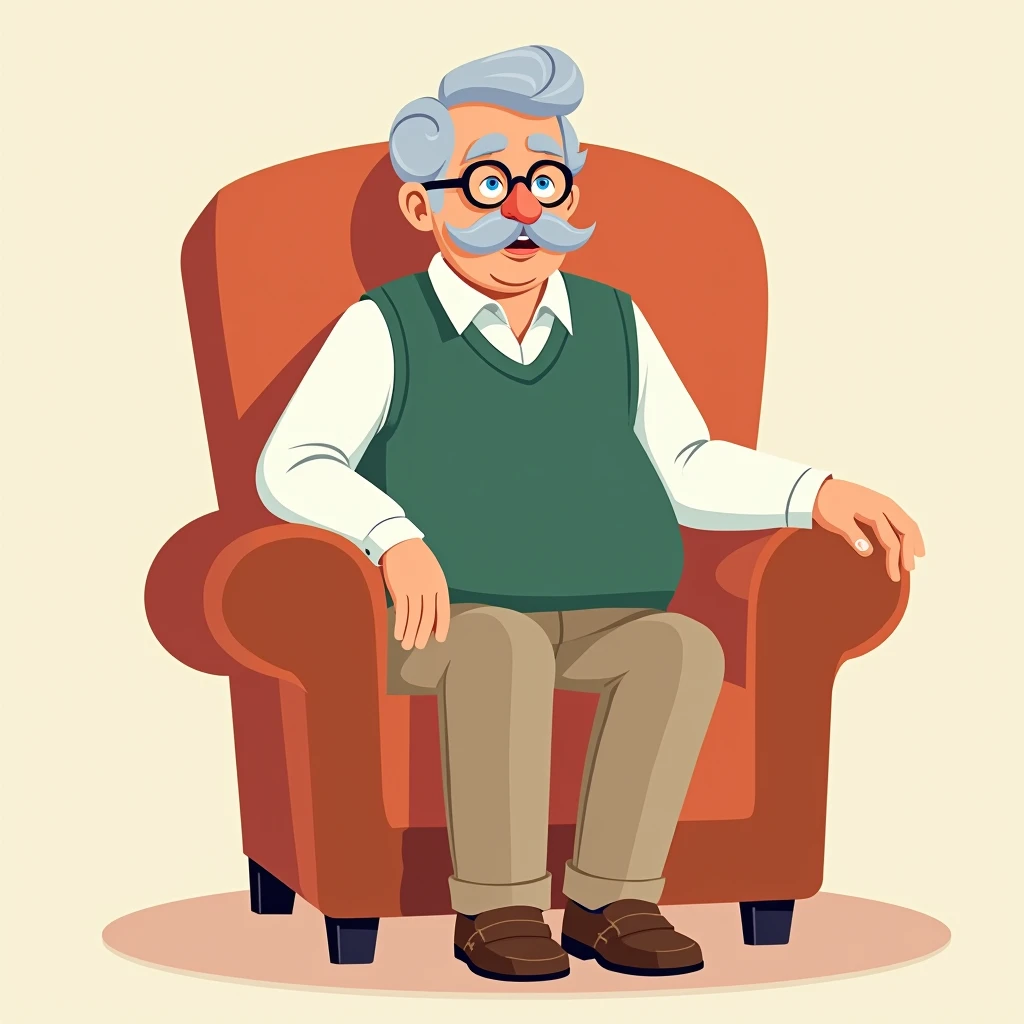 Grandpa sitting in the armchair, talking
Show Grandpa sitting in a comfortable armchair, taking with a focused expression. His gray hair is neatly combed, and he wears his signature blue eyes behind thin glasses, with a well-groomed mustache. He is dressed...