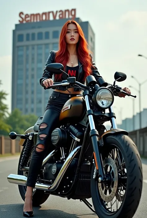 original photo.  full body of an Asian woman ,  long red hair unraveled ,  facing the camera , wears black leather with logo  "nn",  ripped black jeans , high heels ,  he is sitting on a Harley Davidson motor vehicle on the asphalt road.  The background of...