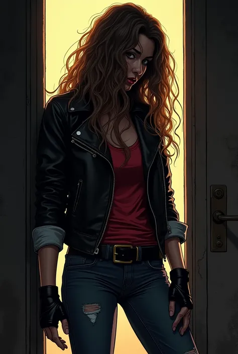 Silhouette of the drunken lady(dressed in a dirty black leather jacket over a red and white t-shirt, (her cuffs are white and the rest is red). along with normal blue jeans with a ripped hole on her right knee, a belt to keep her jeans afloat. she also has...