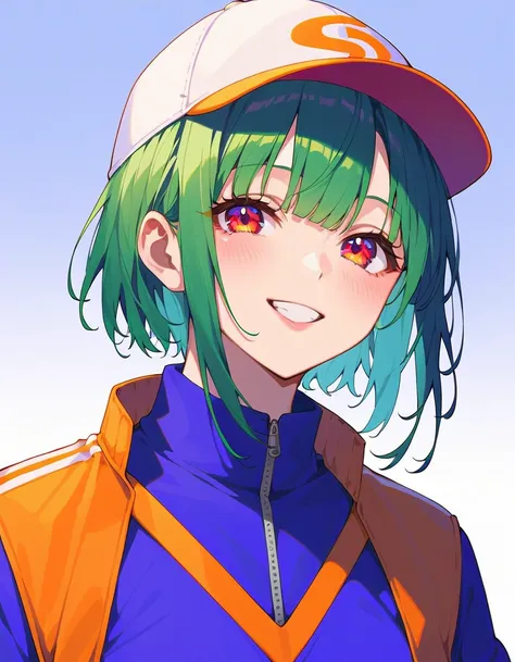 score_9, score_8_up, score_7_up,looking up:1.3,  1 woman , ((master piece)), ((best quality
)), ((Perfect Face))、Blushed、smile、Red Eyes、Slightly slanted eyes, Deep Green Hair、Purple hair tips, Slightly longer wolfcut hair, Wear larger clothes、 jacket、 anim...