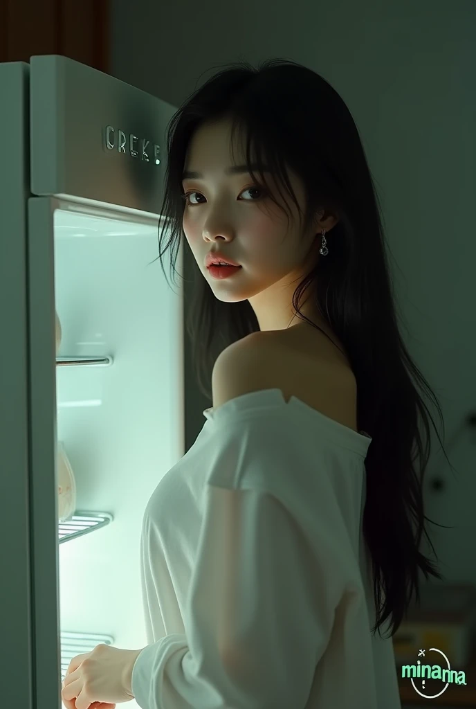 (8k, best quality, masterpiece, ultra highres:1.2), portrait, 1 person, narrow angle, in the kitchen next to the refrigerator, lights off, theres light from the refrigerator, full body, canted angle, bottom view,very small logo text letters mina nina (grad...