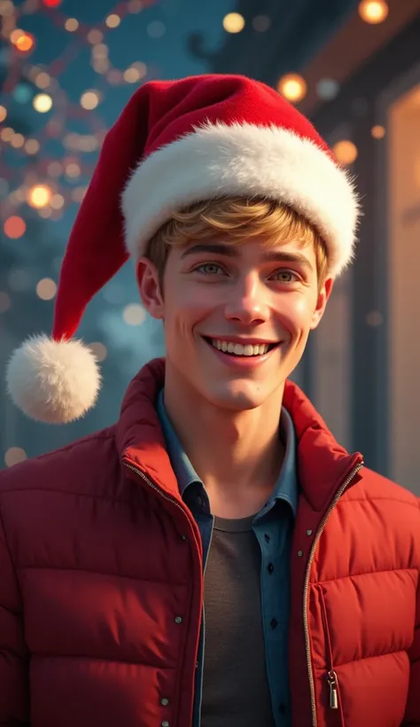 Very handsome guy with short blond hair with a Santa Claus hat, New Year background 