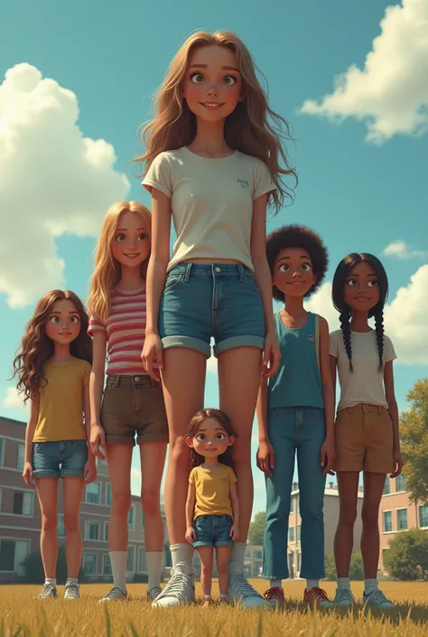 Crazy group of giant girls Girls are bigger than a skyscraper there are 5 girls friendly smiles Girls look different and cool Girls are between 11 and standing in the Schoolyard Everything is tiny little for the girls standing next to the girls is a boy he...