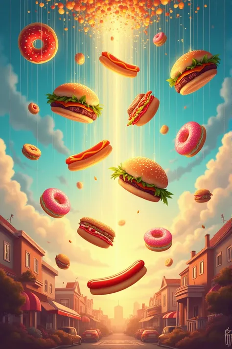 i want cartoon picture about food rain. there a pizza,burger,hot dog,donut,cakes ,and sweets falling down.its magical rain.wonderful and amazing .rain like a realistic rain