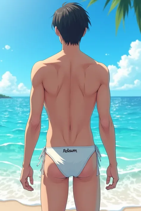 "Japanese young man Slim figure Standing on the beach with bright blue sea and clear sky. He has medium-length, natural-looking hair. Wear white, thin, transparent, wet bikini bottoms with the word ADAM written on the front. The atmosphere looks fresh and ...