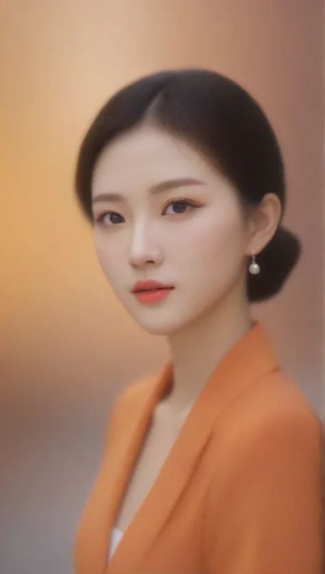 Close-up of beautiful Korean woman,  34 inch bust size , Wearing an orange vest, necklace, Close-up shot of a beautiful Korean woman holding a toy car , Bokeh Background,  Ultra HD 