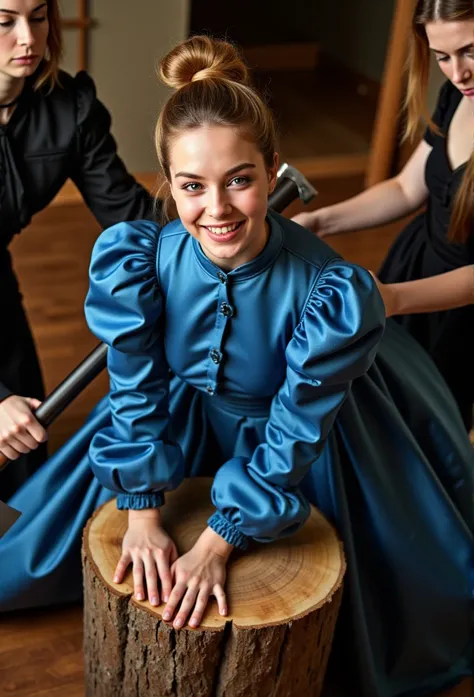 (realistic photograph close up sideways NSFW), (a pleased beautiful European orgasm++ lady with (messy hair bun), she is wearing (an elaborate big shiny blue silk gown with (long gigantic puff sleeves), (and an ultra high narrow stand-up collar with a giga...