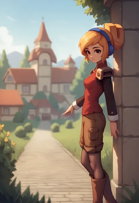 Robin PONY - Iconoclasts, score_9, score_8_up, score_7_up, masterpiece, 1girl,ctianicon0, long sleeves, brown shorts, pantyhose, boots, shoulder pads, looking at viewer, outdoors, town, depth of field, from side,looking at viewer, 