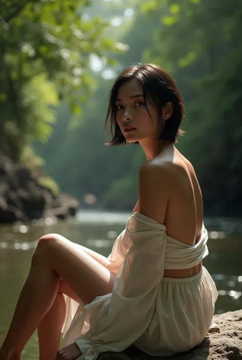 indonesian woman, 26 years old, short hair, side style hair, wear thin robe without underwear, natural breast, fit slim body, sit at riverside in deep rainforest, majestic light, side view 