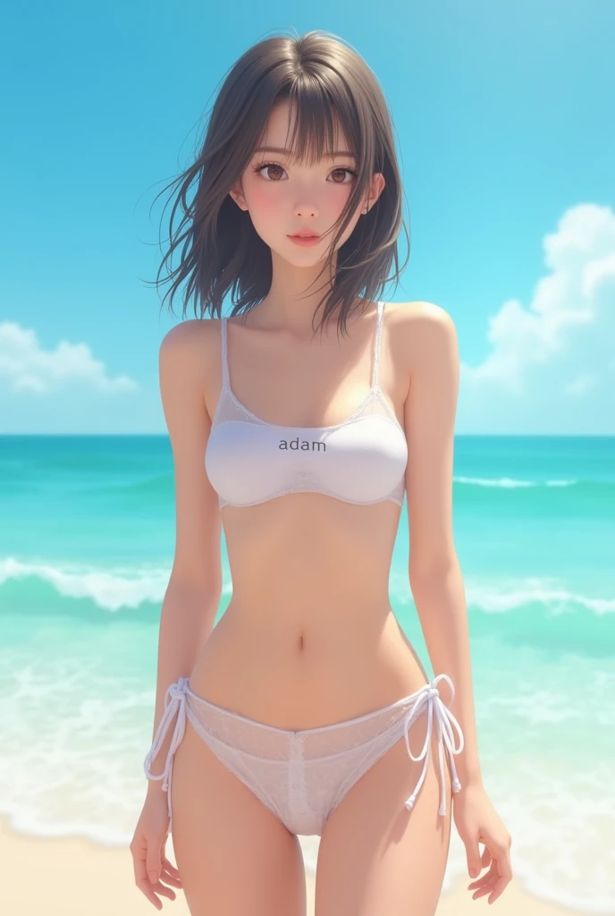 "Korean young girl Slim figure Standing on the beach with bright blue sea and clear sky. He has medium-length, natural-looking hair. Wear white, thin, transparent, wet bikini bottoms with the word ADAM written on the front. The atmosphere looks fresh and c...