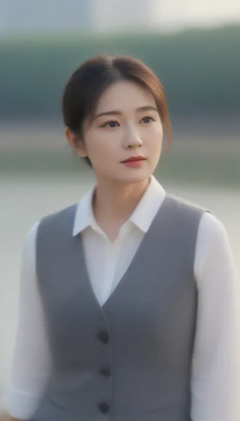 Close-up of beautiful Korean woman, 34&quot; chest,  in a vest , Sitting by the river, Bokeh Background , Movie Scenes,  Ultra HD 