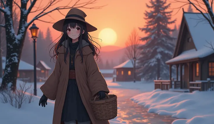 8k、 high school girl、 mature、Big Breasts、smile、 dark brown robe、Wear warm clothes、Three-cornered hat、Brown Hair、Empty-handed、 medieval Europe with wooden basket、 Another World、adventure、winter、evening、Sunset、 romantic、Anime 2D Style、Lo-Fi、LoFi、アニメ調Illustra...