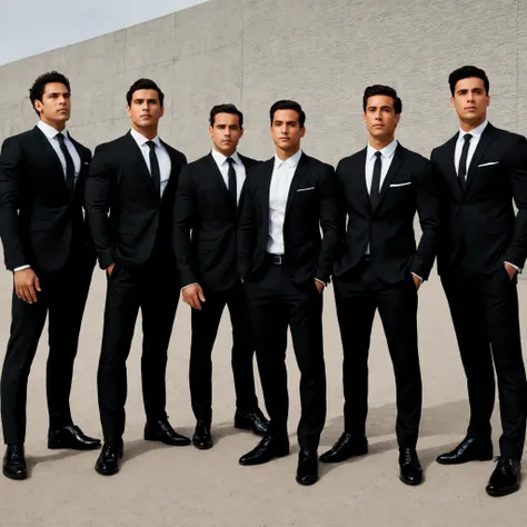 6 friends in black suits in an imposing posture.  side by side 