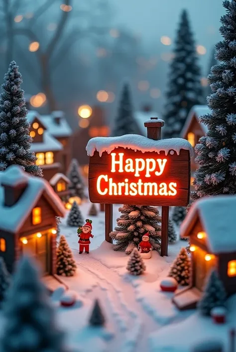 Poster: dream a miniature festive and christmas village in the snow, tilt - shift, lit up christmas trees, winter atmosphere, soft filter, photography, depth of field，The words Happy Christmas are boldly displayed on the sign in brightThe words Happy Chris...