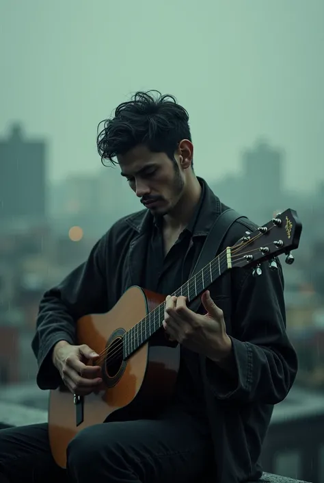 Sad man playing guitar in the rain on a rooftop