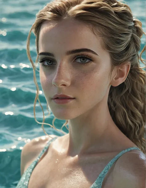 (((Emma Watson)))  beautiful detailed eyes , beautiful detailed lips,  extremely detailed eyes and face , Long eyelashes,  tall slim woman , 25 years old, Full body, photo- realistic, in a swimsuit,  natural light , 8k,  detailed fabric textures,  realisti...