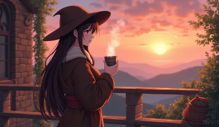 8k、 high school girl、 mature、Big Breasts、smile、 dark brown robe、Wear warm clothes、Three-cornered hat、Brown Hair、 medieval Europe with wooden basket、 Another World、terrace、drink、cat、winter、evening、Sunset、 romantic、Anime 2D Style、Lo-Fi、LoFi、アニメ調Illustration、...