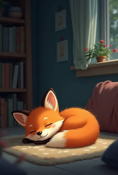 Little fox sleeps on the floor in a dark room, illustration, disyney pixar cartoon
