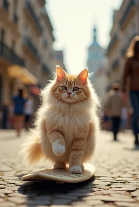 An Angora cat having fun riding a surfboard on a city street An Angora cat dancing in front of a mirror, wearing a tutu and ballet shoes An Angora cat on the beach, building sand castles with its little paws A curious Angora cat explores the library, sitti...