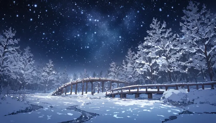 A small wooden bridge crossing a frozen stream, surrounded by snow-covered trees under a starry winter sky.