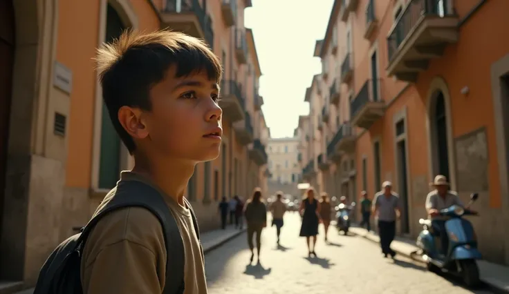 
4K cinematic Netflix movie style scene of a 14-year-old boy named Marco Leone, growing up in the heart of Rome. The scene captures Marco standing in a narrow cobblestone street, surrounded by towering, weathered buildings with ancient Roman architecture. ...