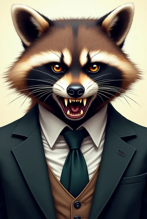 an angry raccoon face with a suit, close shot