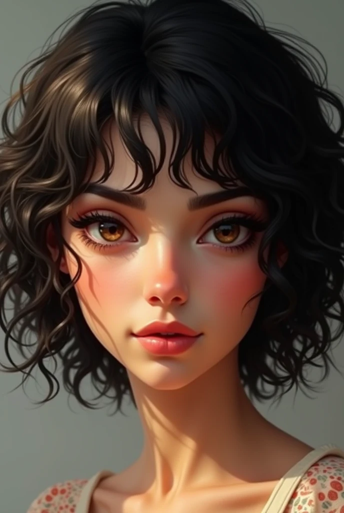 

‏Curly black hair straight on top without bangs, relatively thin black eyebrows, slanted brown eyes, long black eyelashes, thin nose with a small cleft at the top, very thin upper lips and thick lower lips that resemble a heart shape, feminine jawline, s...